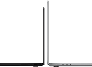 MacBook Pro 14 pouces et 16 pouces dos à dos, mettant en évidence la différence de taille et la finesse du profil